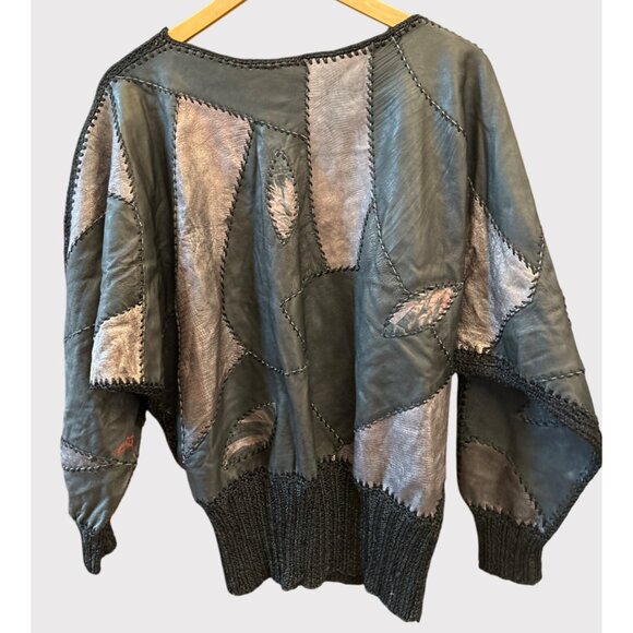 Vintage 80s Patchwork Leather Metallic Batwing Sleeve Sweater Top Retro Rare - Picture 4 of 8